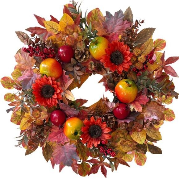 Fall Wreaths for Front Door, 24 Inch Orange Autumn Door Wreath with Pomegranate - Picture 1 of 7